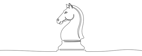 Illustration of a chess knight piece, made in one continuous line. Minimalistic drawing of a board game in the style of one line art. Vector illustration. © chekman