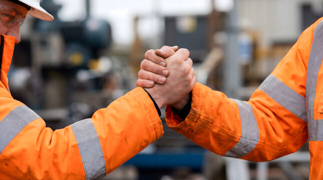 Construction workers arm wrestling for teamwork and partnership