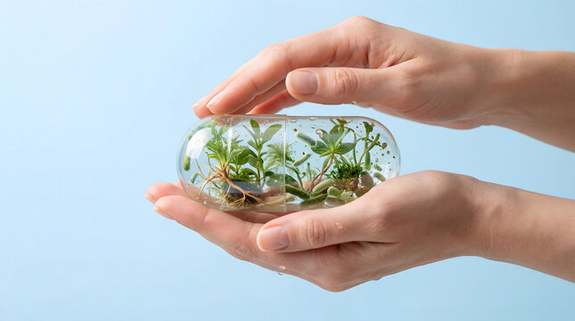 Hands holding natural plant based medicine capsule