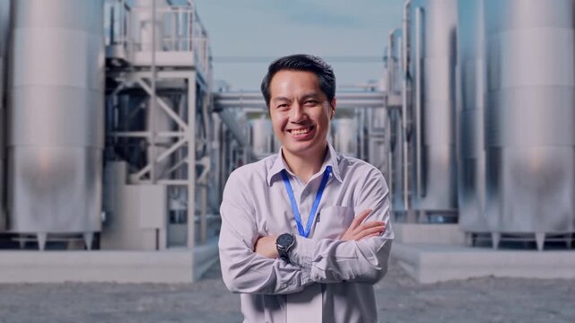 Shot Captures Of An Asian Male Worker at Industrial Chemical Plant with Row of Stainless Steel Storage Silos, His Broad Smile At The Camera And Cross His Arm Over His Chest