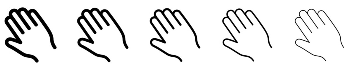 Fototapeta premium Set of linear waving human hand icons with different stroke weights. Minimalist design symbolizing a greeting gesture, communication, or digital touch. Vector illustration.