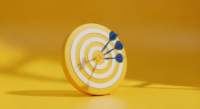 Aiming for Success: Dartboard with three darts hitting the target's center, symbolizing precision and goal achievement