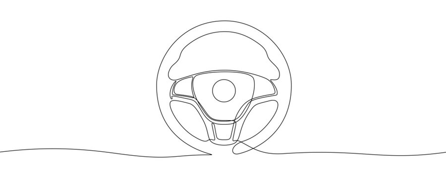 Illustration of a car steering wheel, made in one continuous line. Minimalistic drawing of car parts in the style of one line art. Vector illustration.