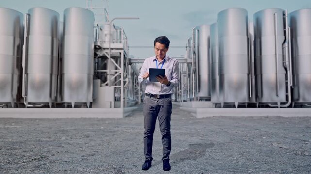 Full Body Side View Of An Asian Male Worker With His Tablet at Industrial Chemical Plant with Row of Stainless Steel Storage Silos, Typing On His Tablet'S Keybaord With Meditation