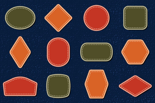 Geometric embroidery patches on denim background vector collection with circle square diamond stitched badges textile mockup for apparel design isolated on dark fabric texture