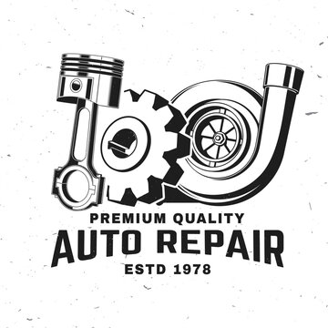 Piston gear and turbocharger auto repair badge vector illustration vintage mechanical service emblem with engine parts for garage workshop t shirt poster sticker isolated on white background