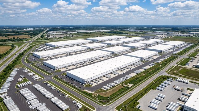 Aerial drone view of a massive pristine white logistics warehouse complex under a bright blue sky with fluffy clouds.