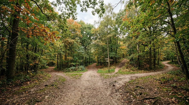 Autumn forest path splits into three directions at a wooden signpost with colorful leaves on ground deciduous trees showing fall foliage vibrant green and orange hues.