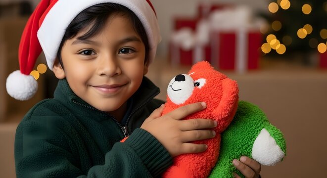 A child's selfless act of donating their beloved toy to a Christmas donation event, face illuminated with pride and happiness, captured in a close-up with emotionally resonant lighting.