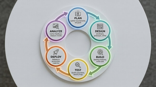 Circular development lifecycle diagram with six stages including plan, design, build, test, deploy, and analyze, project management, and software process.