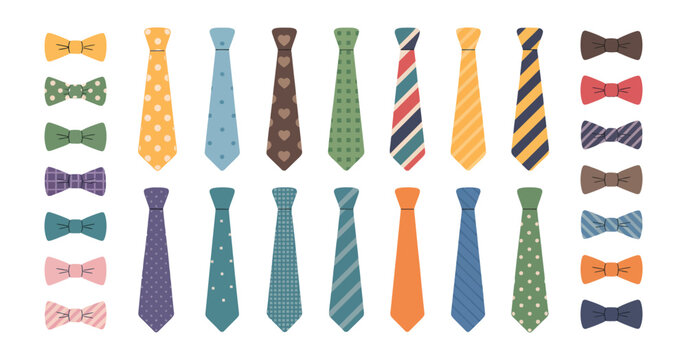 Colored men tie and bow tie set vector flat illustration necktie collection business party suit accessory design isolated on white background