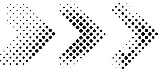 Fototapeta premium Halftone arrow collection set, black dotted chevron pointer icons for digital directional motion isolated vector illustration