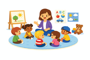 Flat illustration of a kindergarten circle time with teacher and students sitting on floor