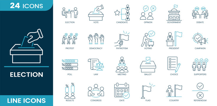 Election icon set. Voting process, ballot, candidate, opinion, government, debate, protest, democracy, campaign, poll, law, meeting, supporters, results, referendum. Line vector icons.