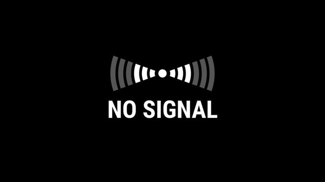 A radio wave broadcast icon with the text NO SIGNAL below it representing a loss of connectivity warning, network outage indicator, or dead zone alert for wireless devices