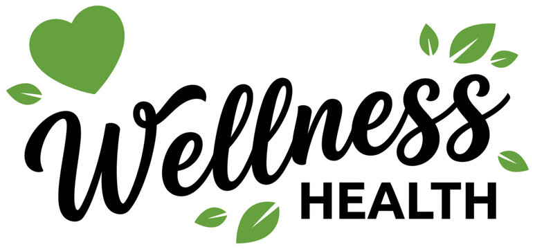 Green heart symbol and leaves alongside the word Wellness and HEALTH in bold font suggesting holistic well being and healthy living wellbeing care lifestyle leaf logo concept