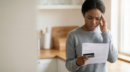 Naklejka na ściany i meble African young woman holding medical bill and card showing stress