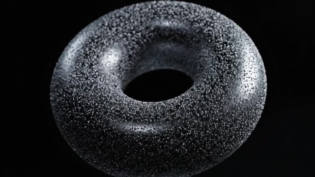 Abstract 3D Torus with Bubbles Rotating on Black Background, Macro Shot