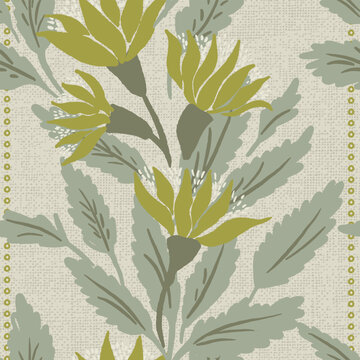 Mid-Century Modern Olive Green Floral Pattern; Vintage Botanical Leaf and Marigold Flower Illustration Background for Autumnal Home Textiles, Wallpaper, and Retro Fashion.