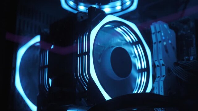 Gaming PC glowing in the dark - the system unit of a modern gaming computer, the working of the computer cooling fan and the blue light of the fans spinning inside the computer. A modern gaming club.