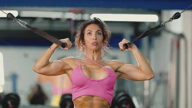 Muscular female bodybuilder training biceps on cable machine