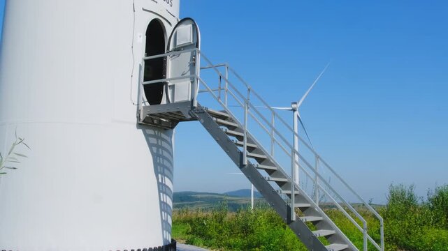 Technician comes inside windmill from service ground against blue sky slow motion. Engineer inspects wind turbine equipment at summer countryside