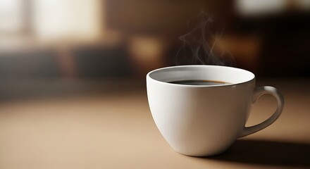 Fototapeta premium Steaming coffee in white mug on brown table with blurred background