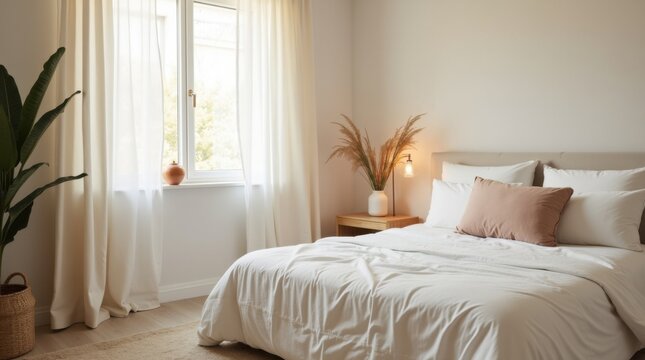 Habitaci&oacute;n con s&aacute;banas de lino blanco impecables y luz solar suave que entra por la ventana