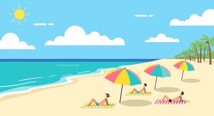 Obraz premium People relaxing on the sandy beach under colorful umbrellas.