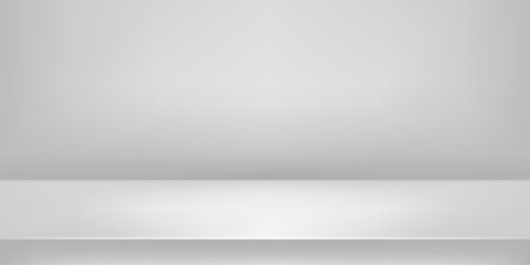 White studio background with elegant 3d limbo podium and floor for product display. Minimalist room with gradient lighting, empty platform and clean grey wall in blank backdrop space bg. © vectorpouch