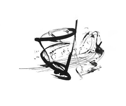 Dessin abstrait &agrave; l'encre, compos&eacute; de formes circulaires en noir et blanc.	
