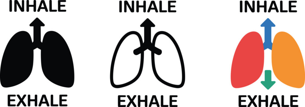 Set of human lung icons with inhale and exhale text labels showing respiratory system breathing process for healthcare education