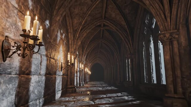 Stone corridor with arched ceiling and candles for commercial backgrounds, digital design, and advertising