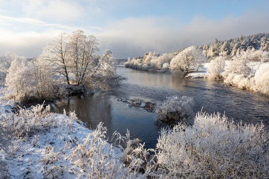 Aerial view of River Spey at Broomhill near Nethybridge in heavy hoar frost, Cairngorms National Park, Scotland, UK. December, 2023. 