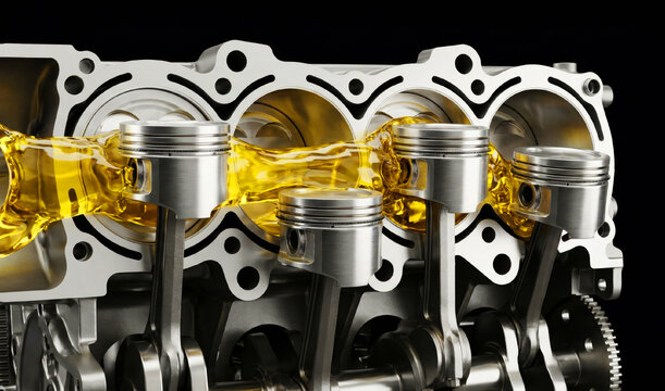 Pistons move inside a car engine as oil flows through the cylinder block
