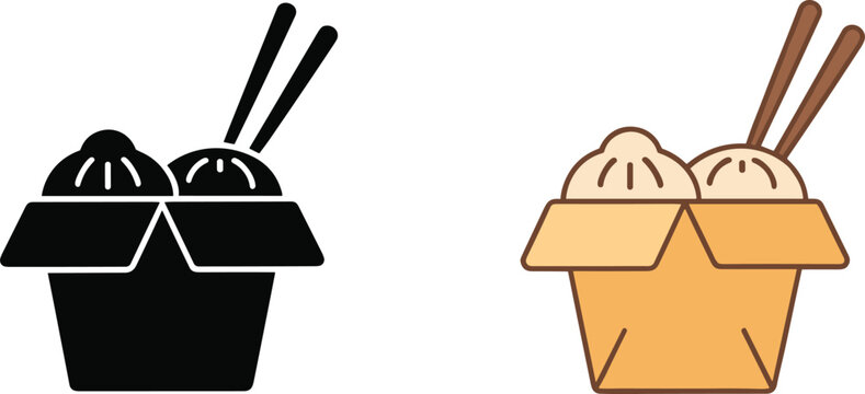 Set of three dumpling take-out box icons featuring steamed buns and chopsticks in black silhouette and colorful flat vector styles