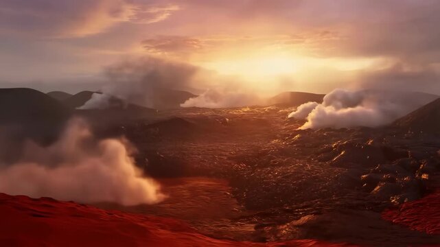 Volcanic landscape with active lava flow and steaming vents under a dramatic sunset sky. featuring volcano, eruption, nature with clouds and smoke
