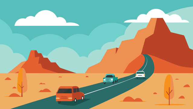 Cars driving on a desert highway surrounded by mesas and sparse autumn foliage under a cloudy sky