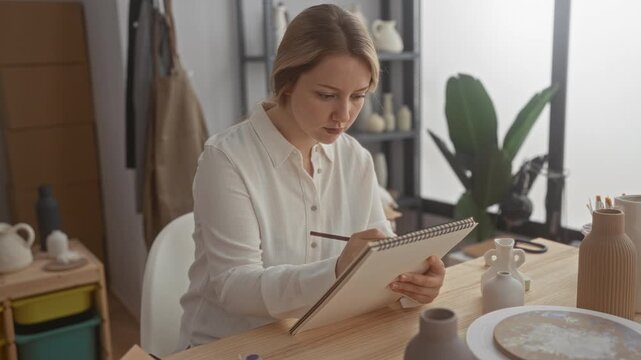 Woman sketching pottery on a spiral sketchpad, hand holding pencil and sketchbook at a wooden worktable in an art studio; quiet concentration.