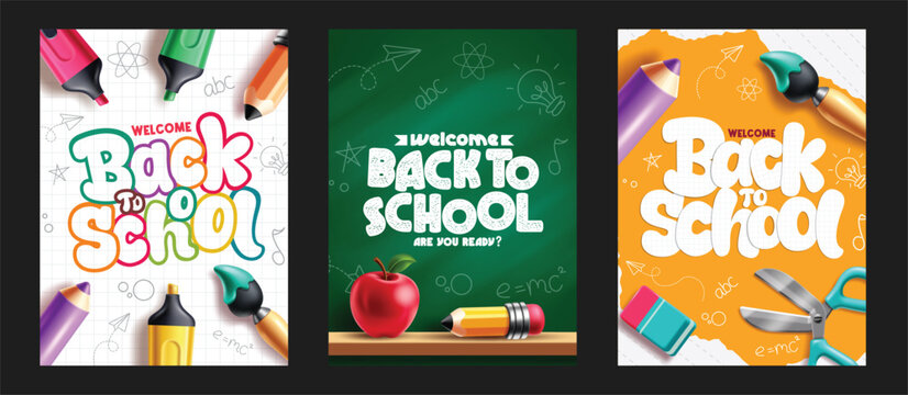 Back to school greeting typography poster clipart set. Collection of welcome back to school poster design with colorful and chalkboard banner clip art in abstract education background for classroom