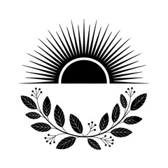 Fototapeta premium Sunrise rays with decorative leaf frame silhouette illustration