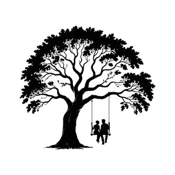 Romantic couple tree swing silhouette relationship illustration