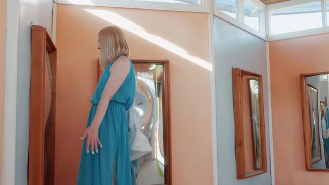 White woman and boy family exploring mirror exhibit as caregiver guides curious child peeking around doorway, bright turquoise dress, candid touch and laughter, interactive exhibit atmosphere and warm