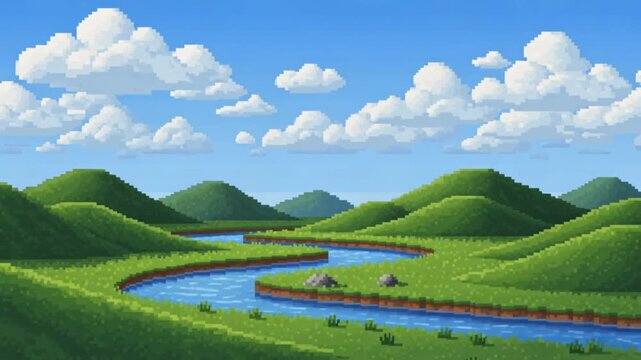 Pixel Art Landscape: Winding River Through Green Hills Under Blue Sky with Clouds