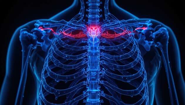 Digital rendering highlights the sternum and clavicle bones within a blue skeletal structure.