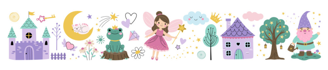 Sweet fantasy border with castle, fairy, moon, gnome, clouds, stars. Simple pastel kids design © Hanna ArtLab