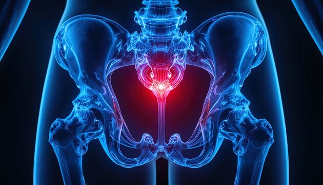 Human pelvis anatomy is displayed with a highlighted red area indicating tailbone pain or inflammation.