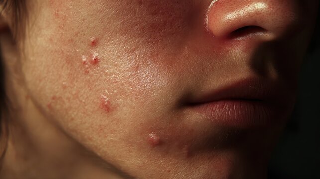 A detailed macro shot of a face showing skin issues including red pimples, acne breakouts, oily texture, and enlarged pores for dermatological concept.