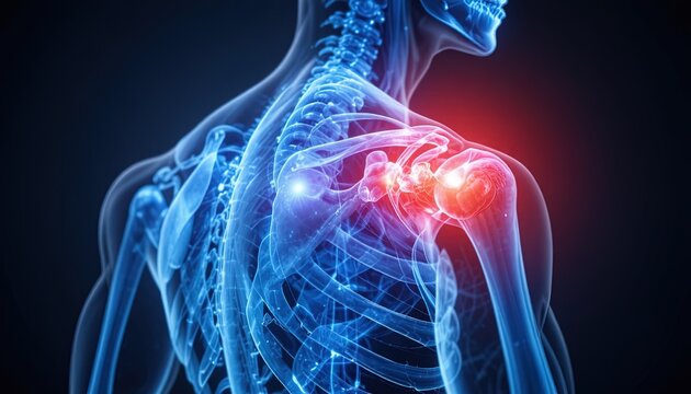 Digital illustration highlights acute pain localized in the human shoulder joint area.