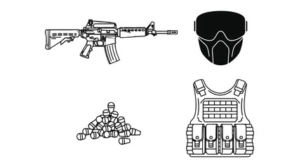 Obraz premium Airsoft Gear Illustration: A stylized illustration showcases essential airsoft gear, including a rifle, protective mask, ammunition, and tactical vest.
